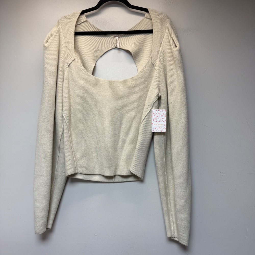 Free People Sweater Women L Oatmeal New Open Back Ribbed Puff‎ Sleeve OB1222019